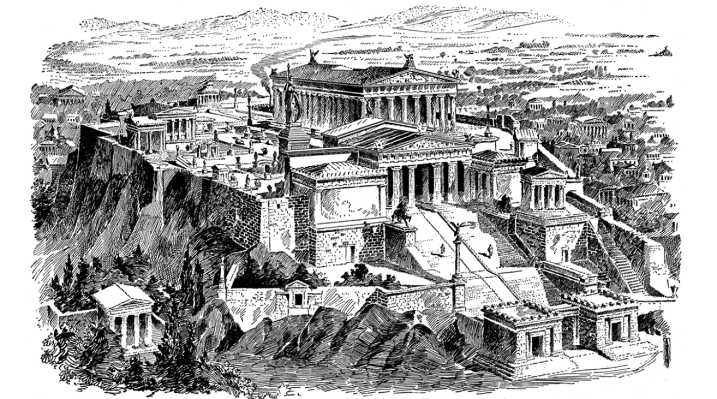 Рисунок города афины. Акрополь г. Афинский акрополь реконструкция лео фон кленце. Акрополь в афинах графика. Акрополь греция храмы.